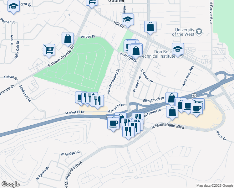 map of restaurants, bars, coffee shops, grocery stores, and more near 1634 Neil Armstrong Street in Montebello