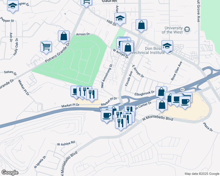 map of restaurants, bars, coffee shops, grocery stores, and more near 1610 Neil Armstrong Street in Montebello