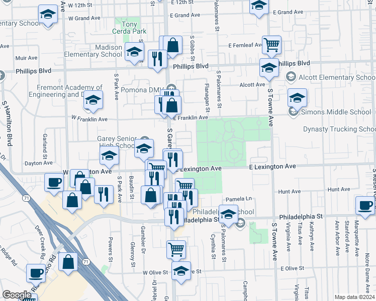 map of restaurants, bars, coffee shops, grocery stores, and more near 151 Ashbrook Lane in Pomona