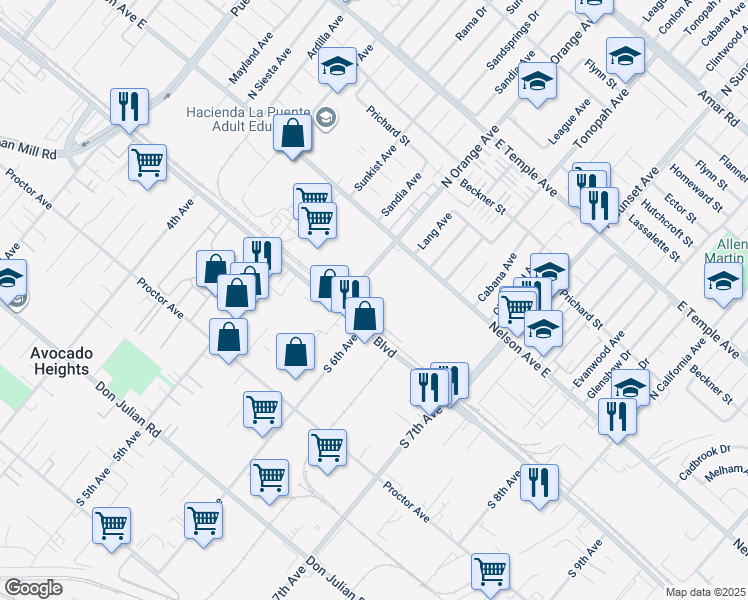 map of restaurants, bars, coffee shops, grocery stores, and more near 140 N Orange Ave in Industry