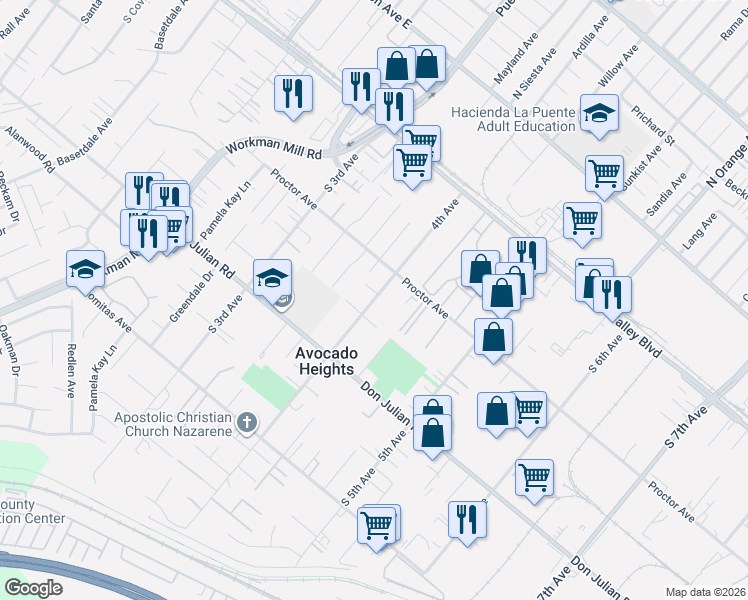 map of restaurants, bars, coffee shops, grocery stores, and more near 352 4th Avenue in La Puente