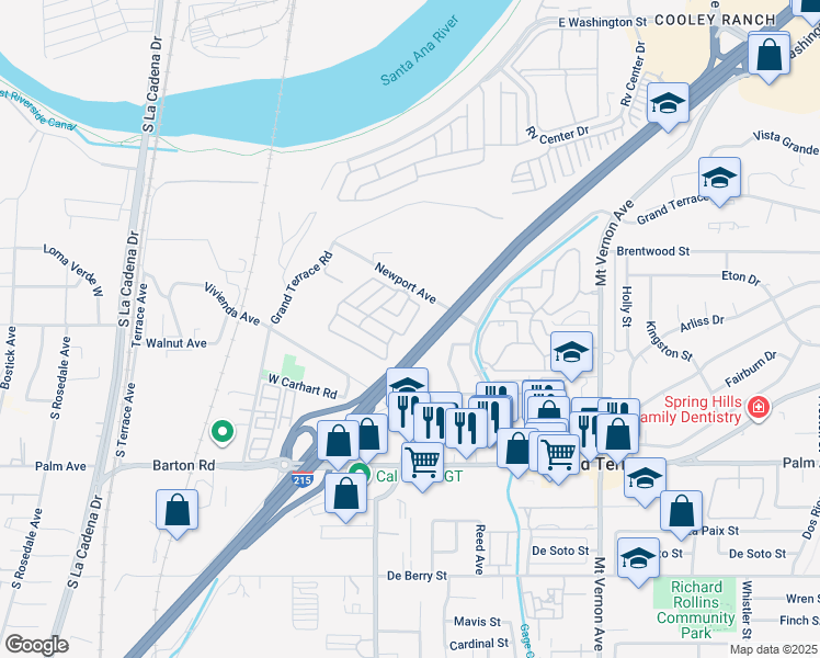 map of restaurants, bars, coffee shops, grocery stores, and more near 22111 Newport Avenue in Grand Terrace