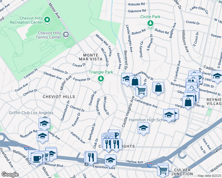 map of restaurants, bars, coffee shops, grocery stores, and more near 2838 Medill Place in Los Angeles