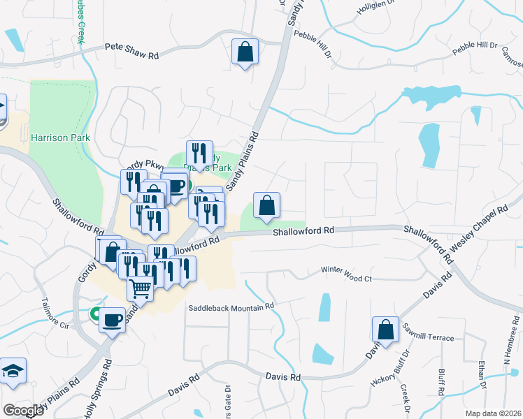 map of restaurants, bars, coffee shops, grocery stores, and more near 3258 Winterberry Circle in Marietta