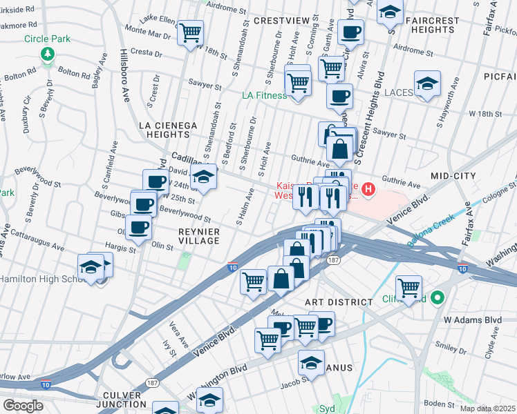 map of restaurants, bars, coffee shops, grocery stores, and more near 2339 South Holt Avenue in Los Angeles