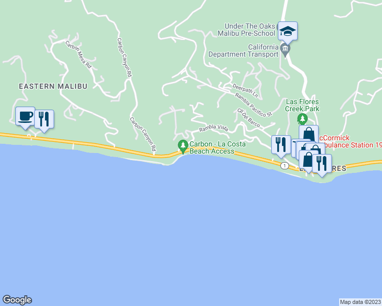 map of restaurants, bars, coffee shops, grocery stores, and more near 21660 Pacific Coast Highway in Malibu