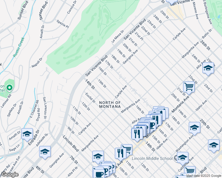 map of restaurants, bars, coffee shops, grocery stores, and more near 323 15th Street in Santa Monica