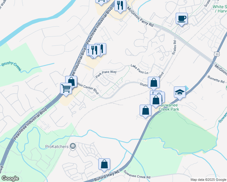 map of restaurants, bars, coffee shops, grocery stores, and more near 1510 Baygreen Road in Suwanee