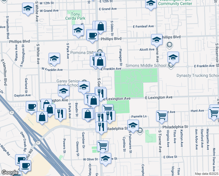 map of restaurants, bars, coffee shops, grocery stores, and more near 151 Ashbrook Lane in Pomona