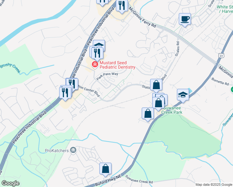 map of restaurants, bars, coffee shops, grocery stores, and more near 1480 Baygreen Road in Suwanee
