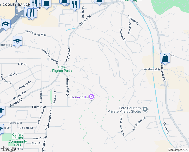 map of restaurants, bars, coffee shops, grocery stores, and more near Thompson Drive in Grand Terrace