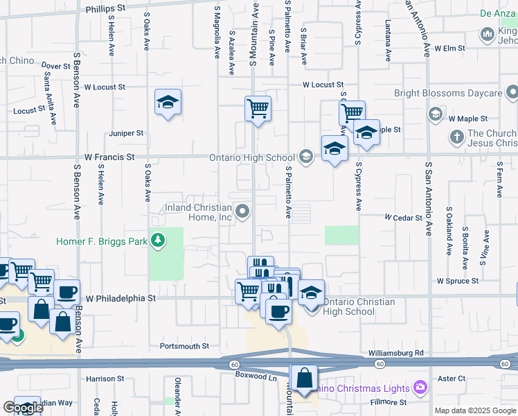 map of restaurants, bars, coffee shops, grocery stores, and more near 1951 South Mountain Avenue in Ontario