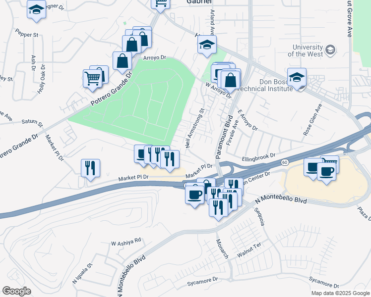 map of restaurants, bars, coffee shops, grocery stores, and more near 1635 Neil Armstrong Street in Montebello