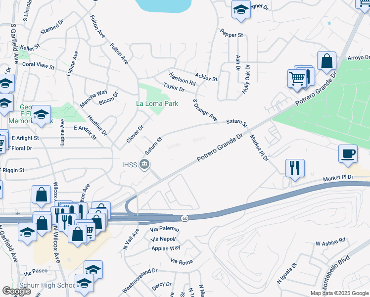 map of restaurants, bars, coffee shops, grocery stores, and more near 1980 Saturn St in Monterey Park
