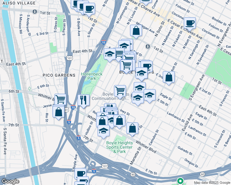 map of restaurants, bars, coffee shops, grocery stores, and more near 601 South Breed Street in Los Angeles