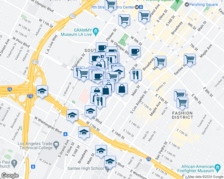 map of restaurants, bars, coffee shops, grocery stores, and more near 222 West Pico Boulevard in Los Angeles