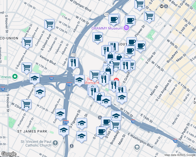 map of restaurants, bars, coffee shops, grocery stores, and more near 1400 South Figueroa Street in Los Angeles