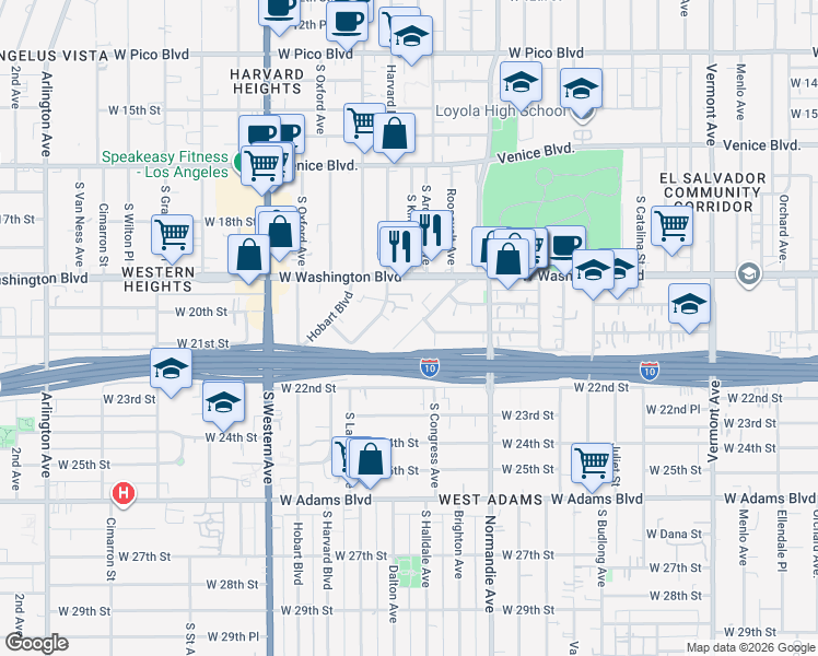 map of restaurants, bars, coffee shops, grocery stores, and more near 2022 South La Salle Avenue in Los Angeles