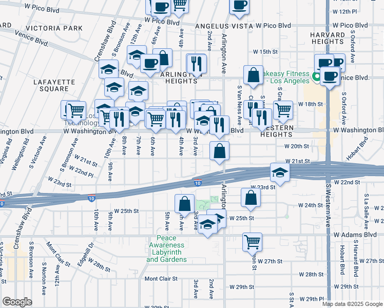 map of restaurants, bars, coffee shops, grocery stores, and more near 2104 3rd Avenue in Los Angeles