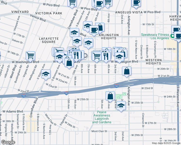 map of restaurants, bars, coffee shops, grocery stores, and more near 2030 7th Avenue in Los Angeles
