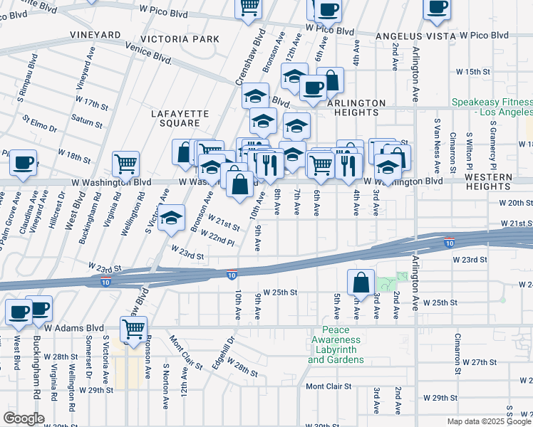 map of restaurants, bars, coffee shops, grocery stores, and more near 2034 8th Avenue in Los Angeles