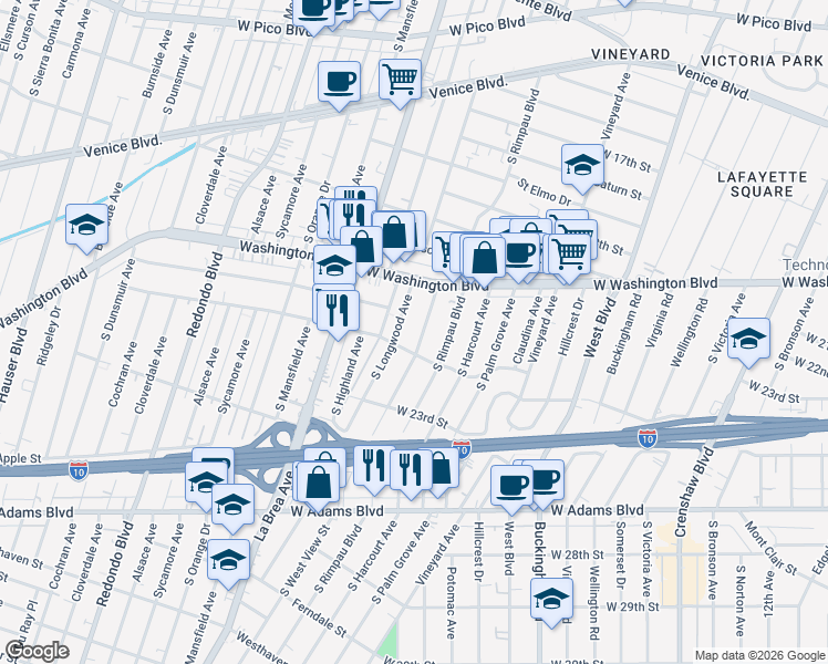 map of restaurants, bars, coffee shops, grocery stores, and more near 2029 South West View Street in Los Angeles