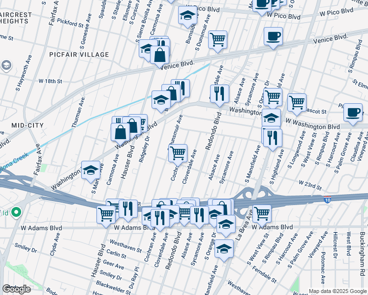 map of restaurants, bars, coffee shops, grocery stores, and more near 2214 South Cochran Avenue in Los Angeles