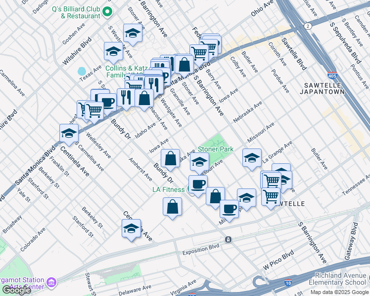 map of restaurants, bars, coffee shops, grocery stores, and more near 11877 Nebraska Avenue in Los Angeles