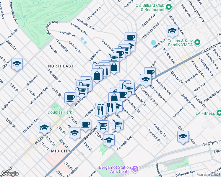 map of restaurants, bars, coffee shops, grocery stores, and more near 3024 Arizona Avenue in Santa Monica