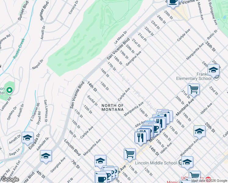 map of restaurants, bars, coffee shops, grocery stores, and more near 323 15th Street in Santa Monica