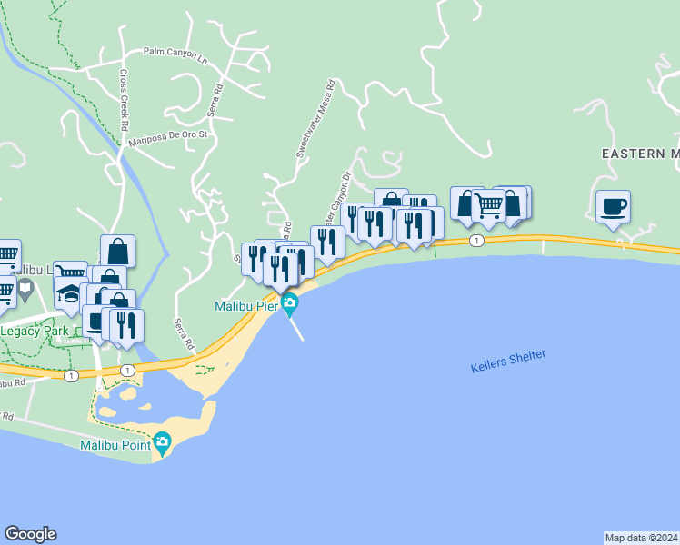 map of restaurants, bars, coffee shops, grocery stores, and more near 22860 Pacific Coast Highway in Malibu