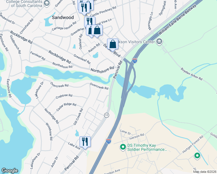 map of restaurants, bars, coffee shops, grocery stores, and more near 3301 Overcreek Road in Columbia