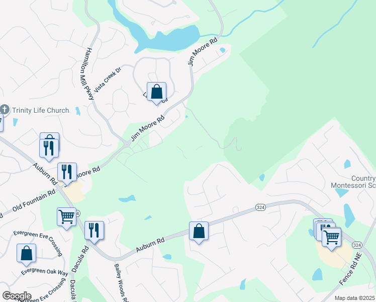 map of restaurants, bars, coffee shops, grocery stores, and more near 3242 Jim Moore Road in Dacula