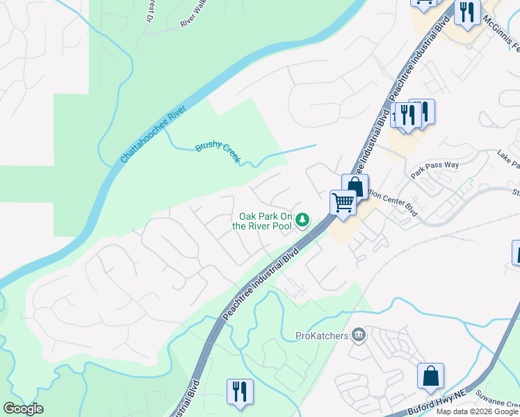 map of restaurants, bars, coffee shops, grocery stores, and more near 4040 Oak Park Drive in Suwanee