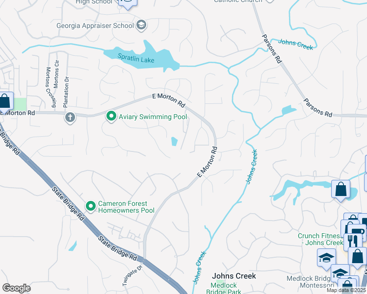 map of restaurants, bars, coffee shops, grocery stores, and more near 305 Hunstanton Court in Alpharetta
