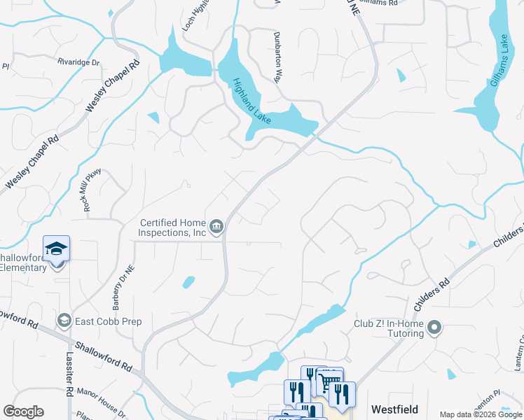 map of restaurants, bars, coffee shops, grocery stores, and more near 4255 Shipyard Trace in Roswell