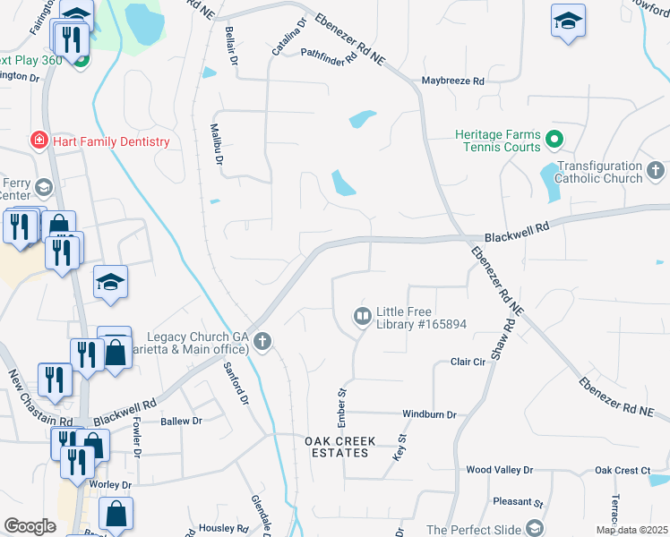 map of restaurants, bars, coffee shops, grocery stores, and more near 3681 Autumn Leaves Lane in Marietta