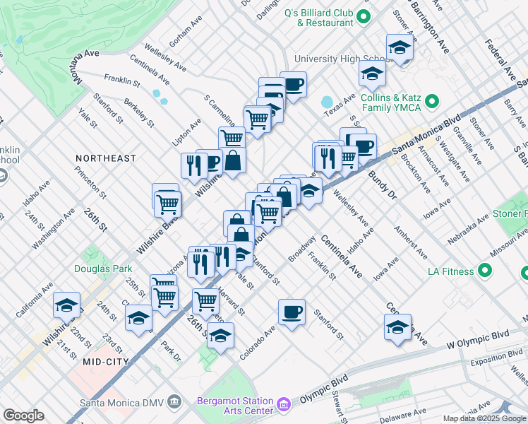 map of restaurants, bars, coffee shops, grocery stores, and more near 1336 Franklin Street in Santa Monica