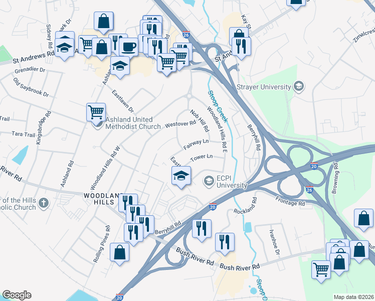 map of restaurants, bars, coffee shops, grocery stores, and more near 704 Fairway Lane in Columbia