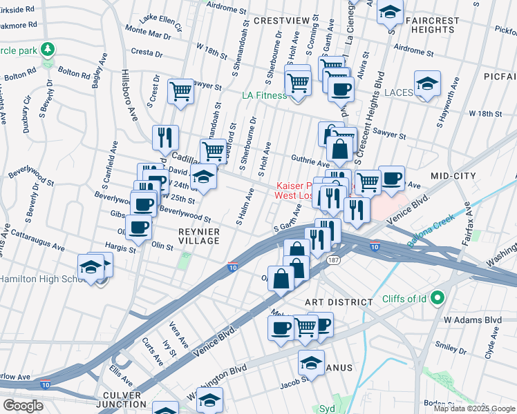 map of restaurants, bars, coffee shops, grocery stores, and more near 2339 South Holt Avenue in Los Angeles