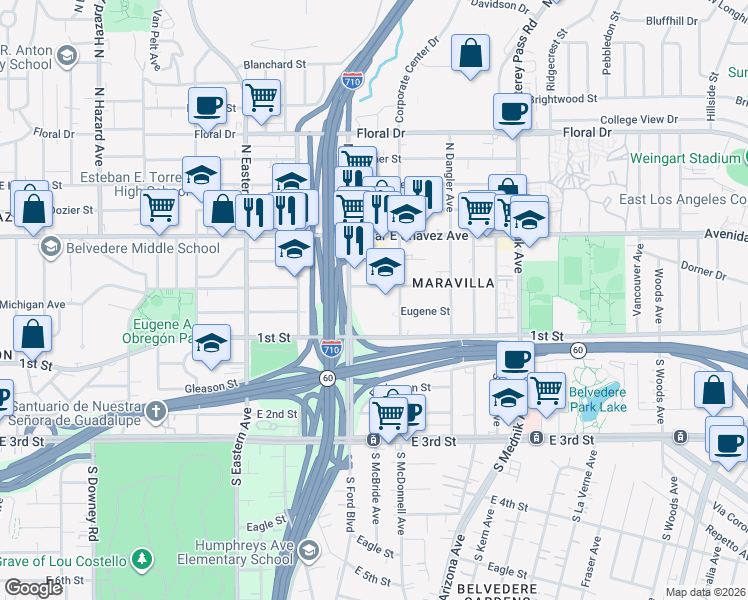 map of restaurants, bars, coffee shops, grocery stores, and more near 4540 Michigan Avenue in Los Angeles