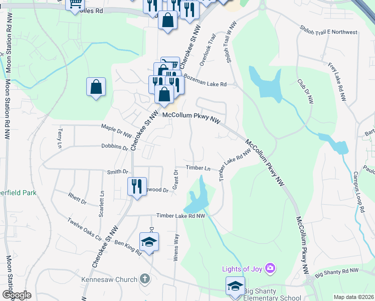 map of restaurants, bars, coffee shops, grocery stores, and more near 3478 Grant Drive in Kennesaw