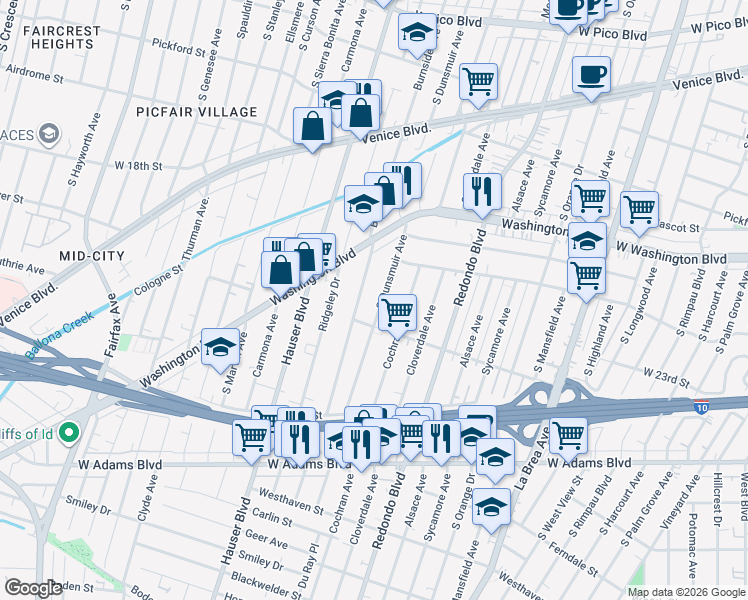 map of restaurants, bars, coffee shops, grocery stores, and more near 2221 South Dunsmuir Avenue in Los Angeles