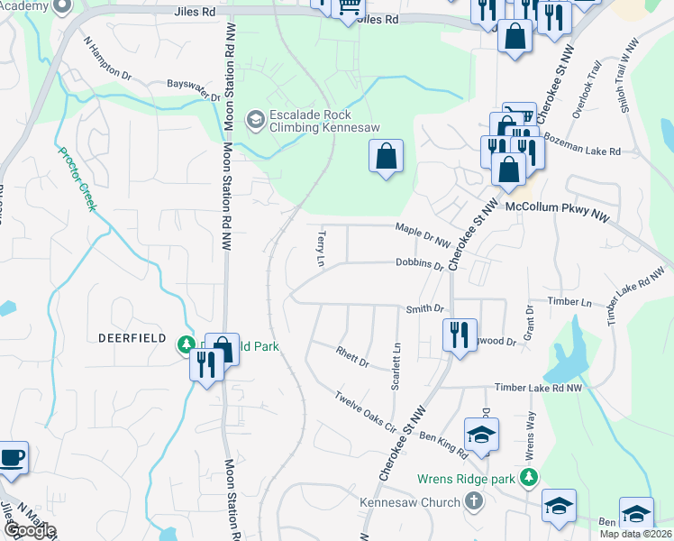 map of restaurants, bars, coffee shops, grocery stores, and more near 2076 Dobbins Drive in Kennesaw