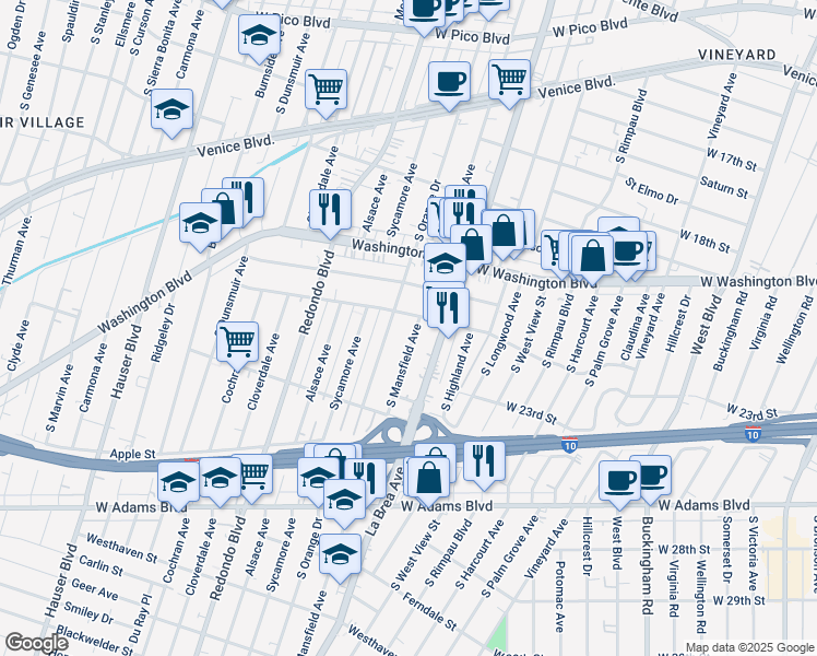 map of restaurants, bars, coffee shops, grocery stores, and more near 27081/2 Mansfield Avenue in Los Angeles