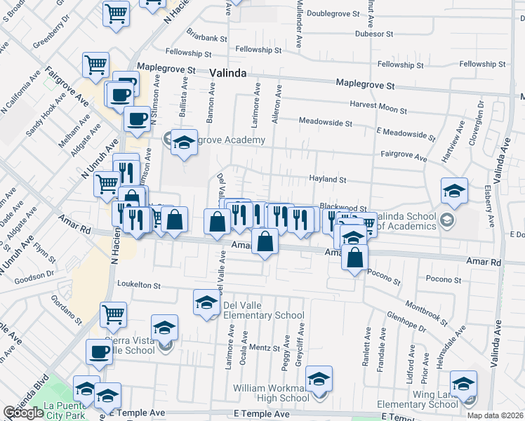 map of restaurants, bars, coffee shops, grocery stores, and more near 1054 Aileron Avenue in La Puente