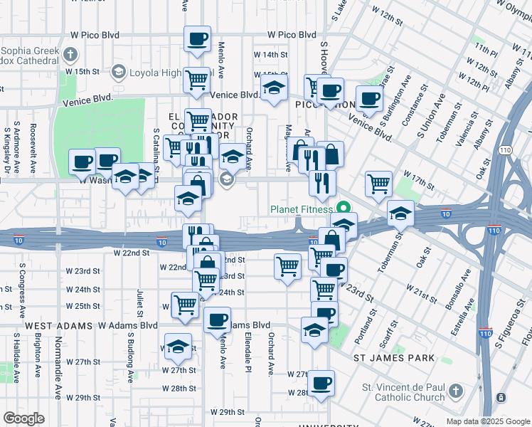 map of restaurants, bars, coffee shops, grocery stores, and more near 1445 West 20th Street in Los Angeles