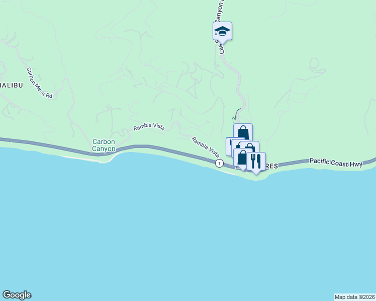 map of restaurants, bars, coffee shops, grocery stores, and more near 21443 Pacific Coast Highway in Malibu