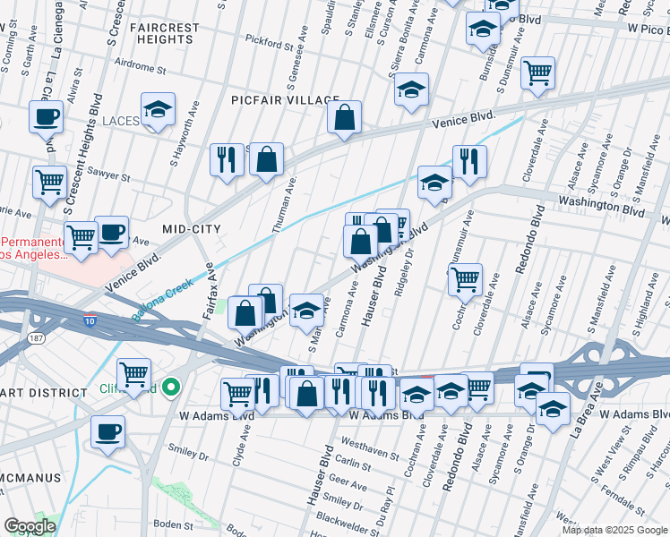 map of restaurants, bars, coffee shops, grocery stores, and more near 2108 South Marvin Avenue in Los Angeles