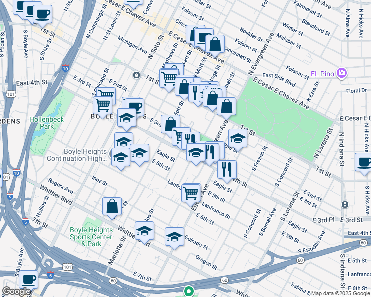 map of restaurants, bars, coffee shops, grocery stores, and more near 2825 East 4th Street in Los Angeles